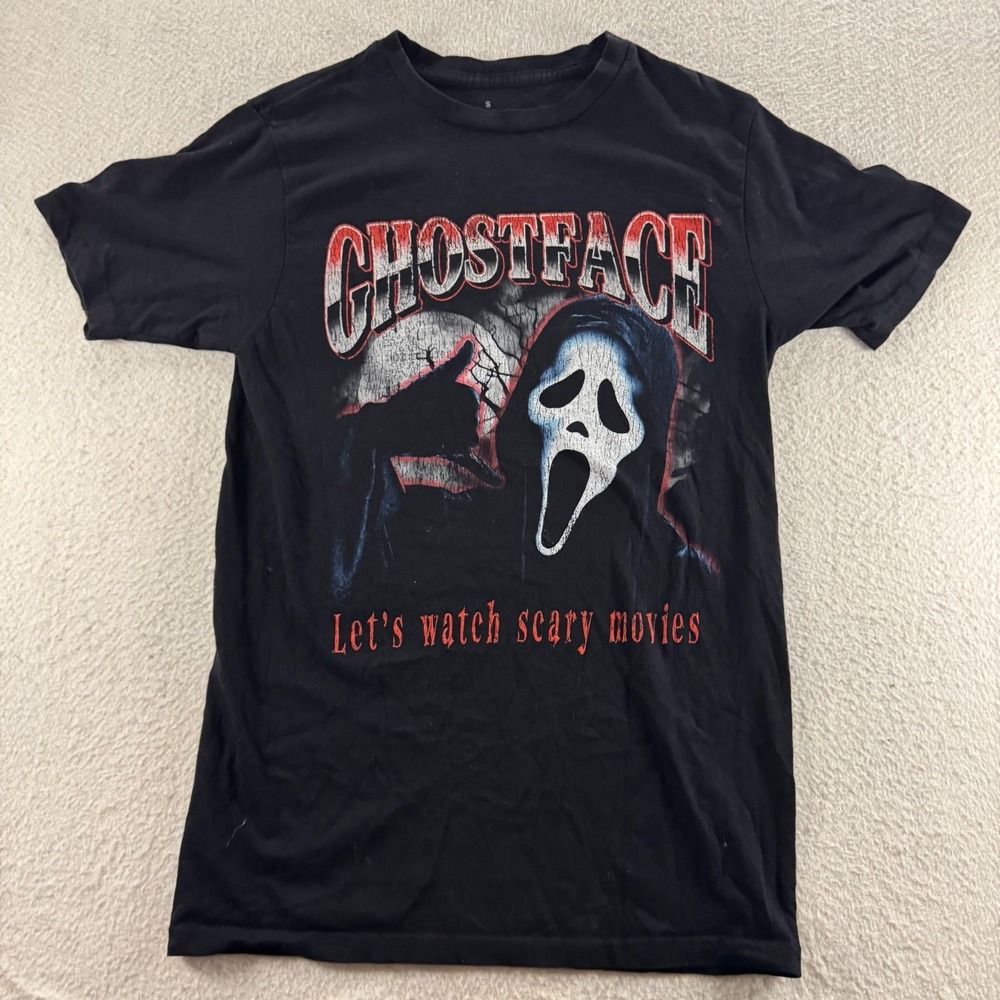Ghostface Graphic T-Shirt Mens Small Black Scream Let's Watch Movies Horror